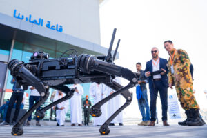 IDEX 2023 event held at the ADNEC Centre Abu Dhabi showing innovative products in defence sector-a remote controlled robot system.